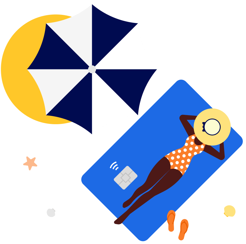 A woman lying on a beach on top of a bettermart debit card.